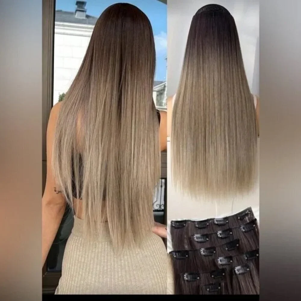 24 In Two Color Balayage Dark roots Blonde hair Clip in Extensions